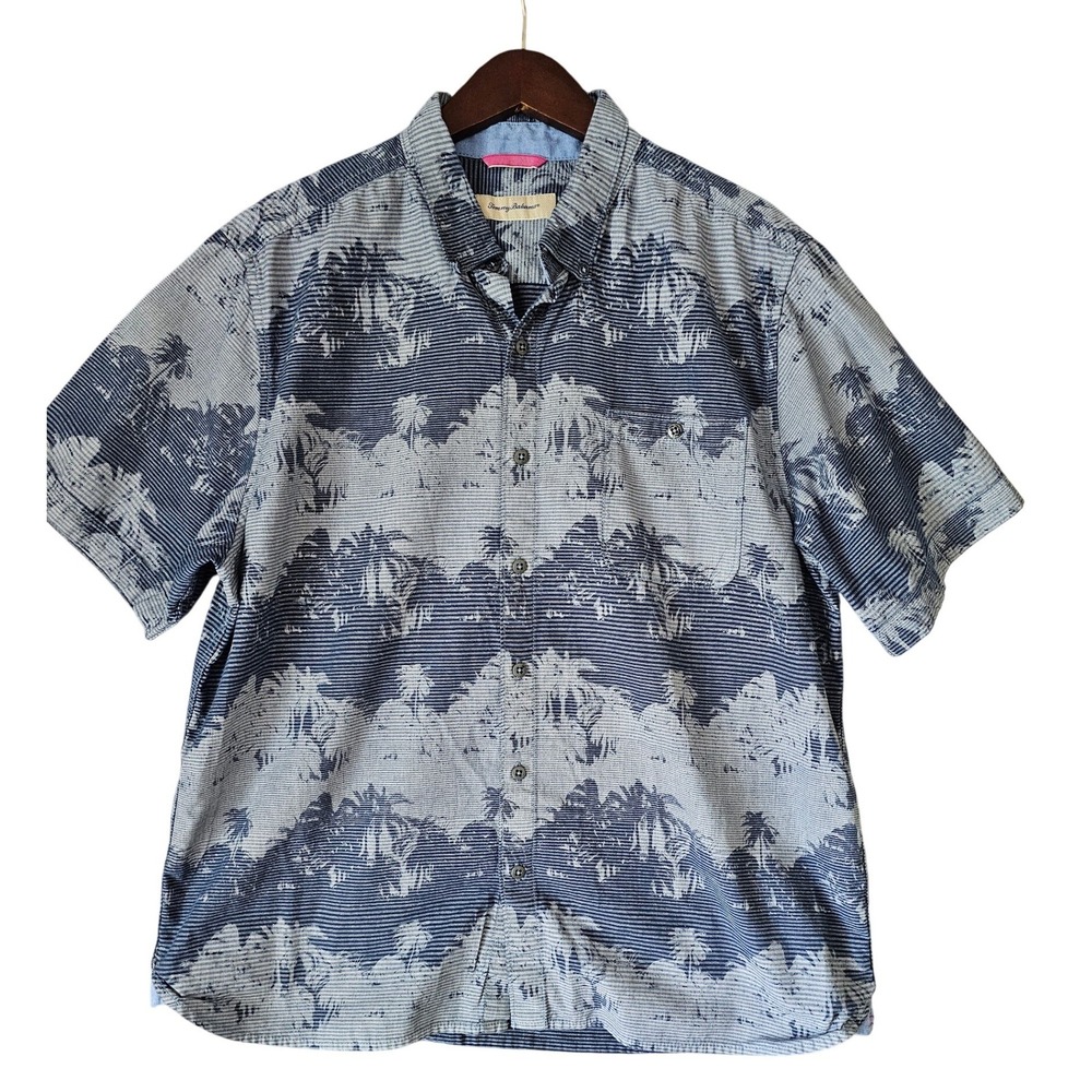 Tommy Bahama Mens Blue White Pixel Palm Tree Short Sleeve Tropical Shirt XL